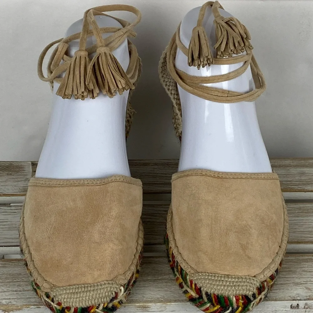 J. Crew Baja desert canyon Suede Flat Espadrilles Sz 9 Lace Up Ankle Ties Beige - Picture 5 of 12